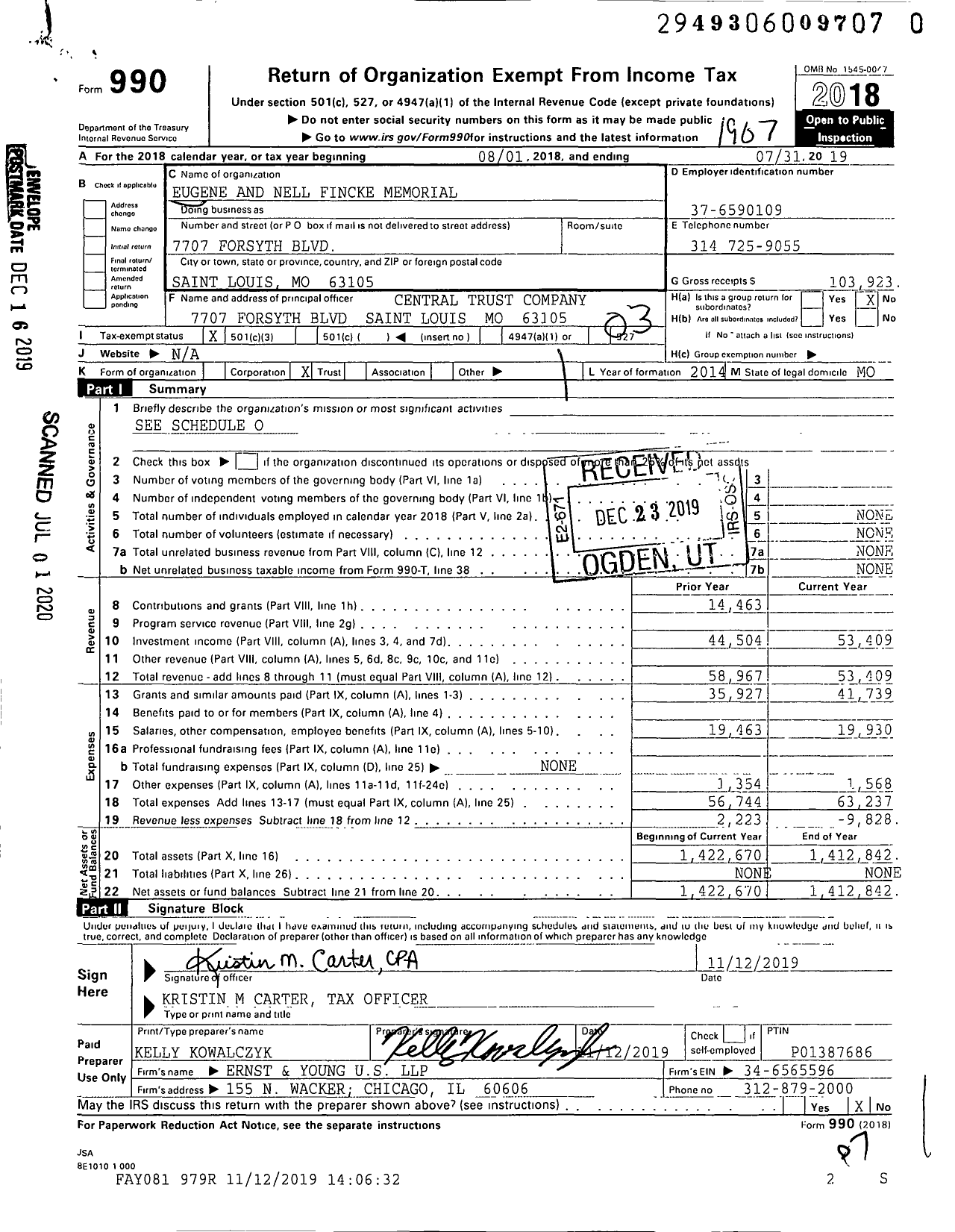 Image of first page of 2018 Form 990 for Eugene and Nell Fincke Memorial 2010003095