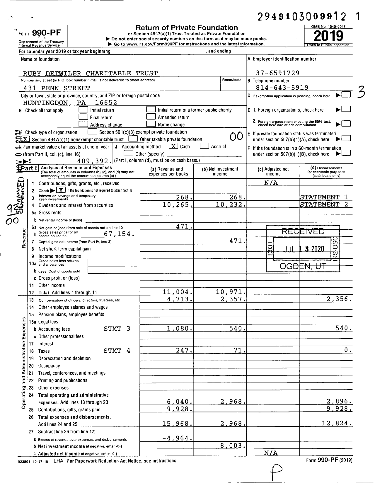 Image of first page of 2019 Form 990PF for Ruby Detwiler Charitable Trust