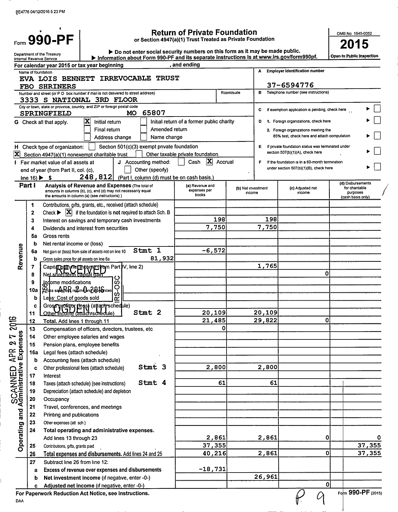 Image of first page of 2015 Form 990PF for Eva Lois Bennett Irrevocable Trust Fbo Shriners