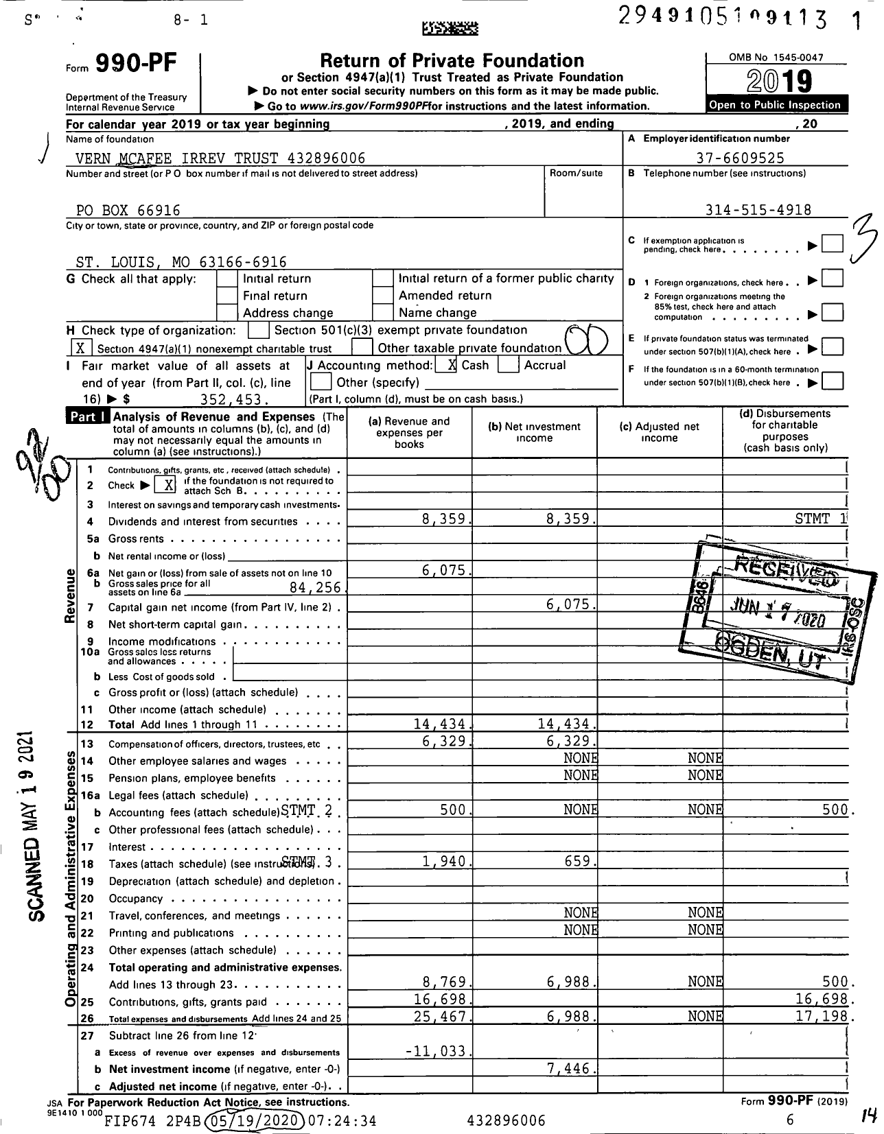 Image of first page of 2019 Form 990PF for Vern Mcafee Irrev Trust XXX-XX-XXXX