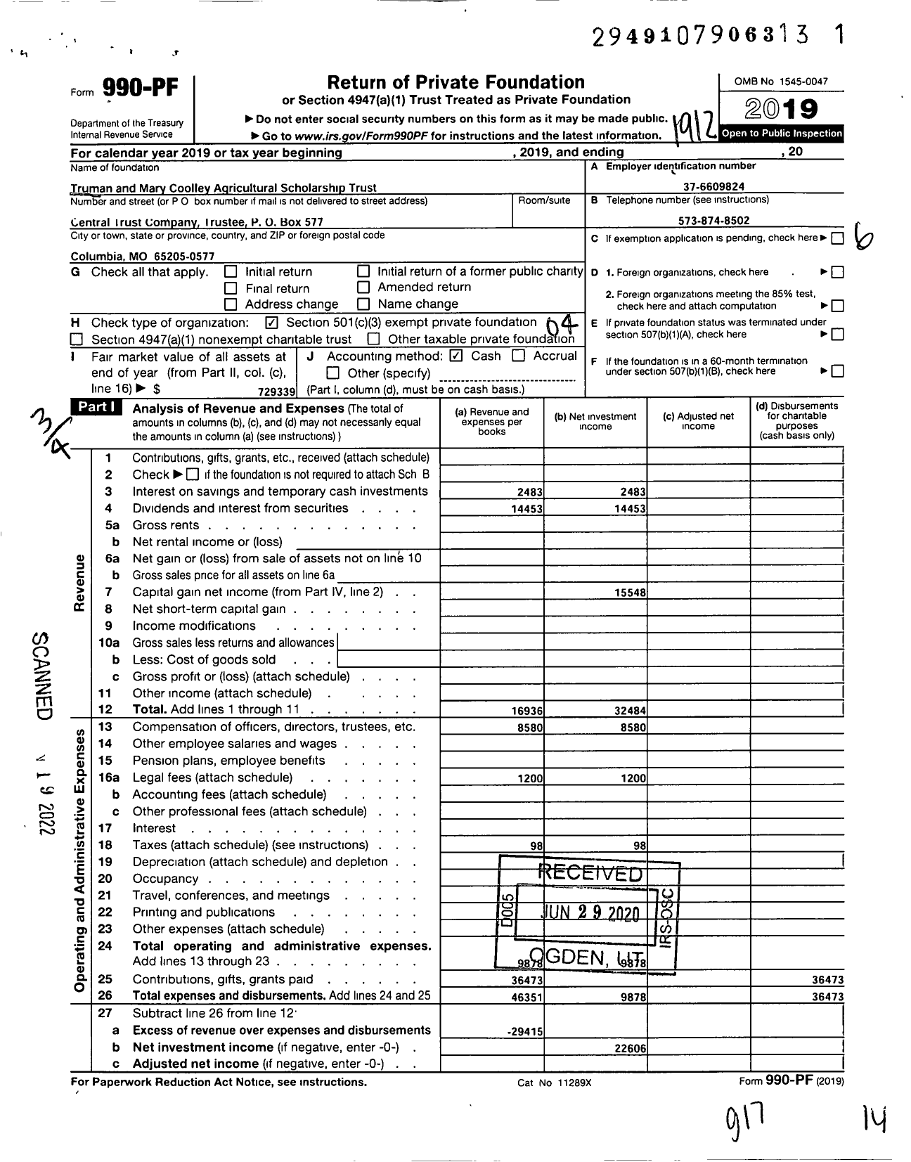 Image of first page of 2019 Form 990PF for Truman and Mary Coolley Agricultural Scholarship Trust