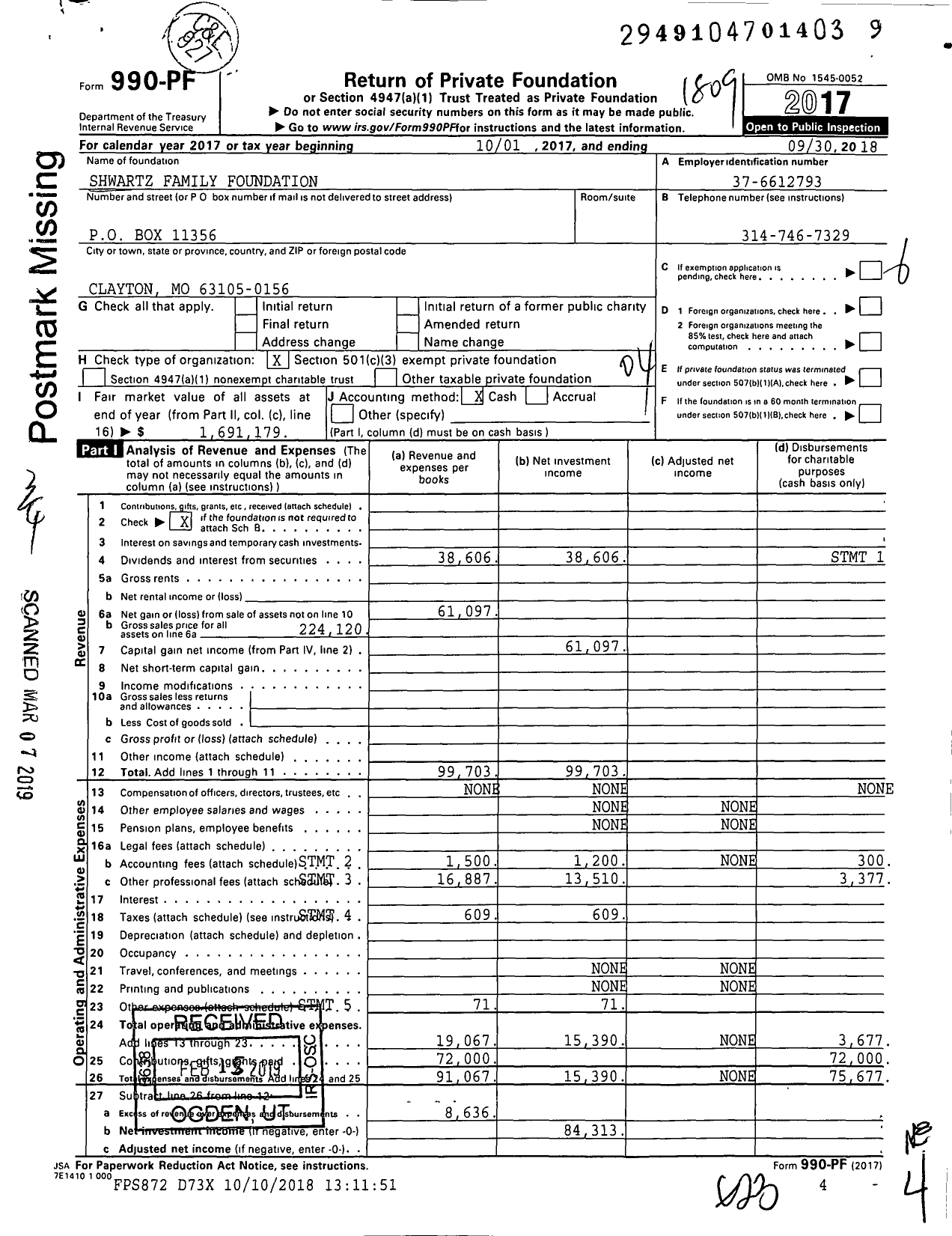 Image of first page of 2017 Form 990PF for Shwartz Family Foundation