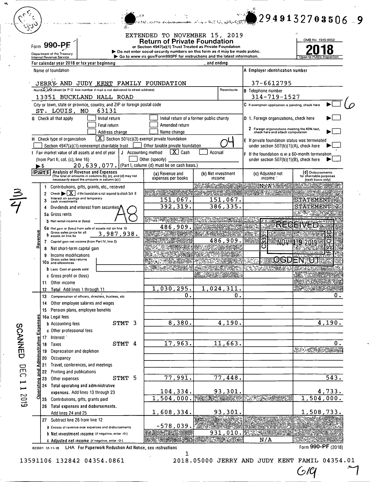 Image of first page of 2018 Form 990PF for Jerry and Judy Kent Family Foundation