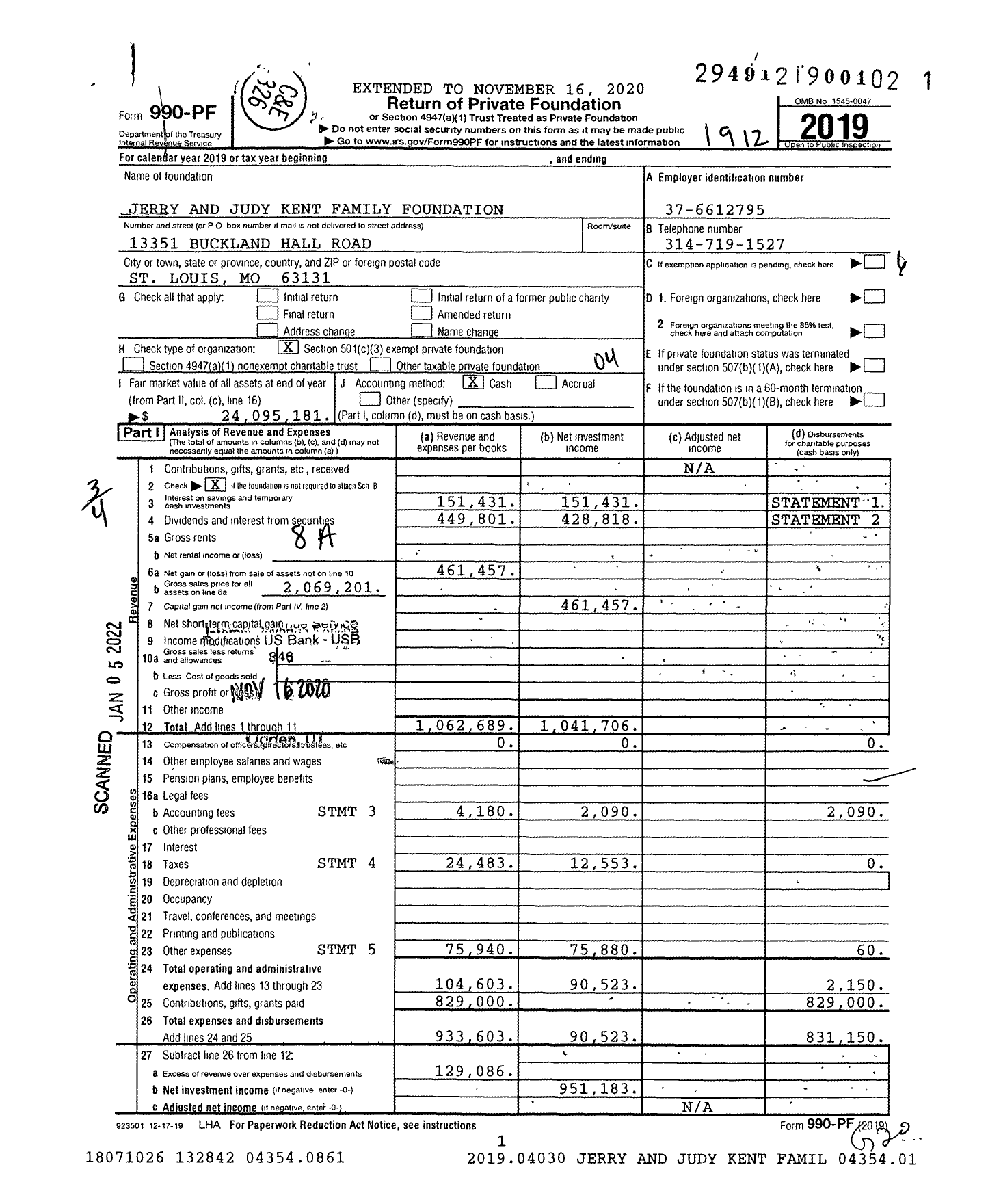 Image of first page of 2019 Form 990PF for Jerry and Judy Kent Family Foundation