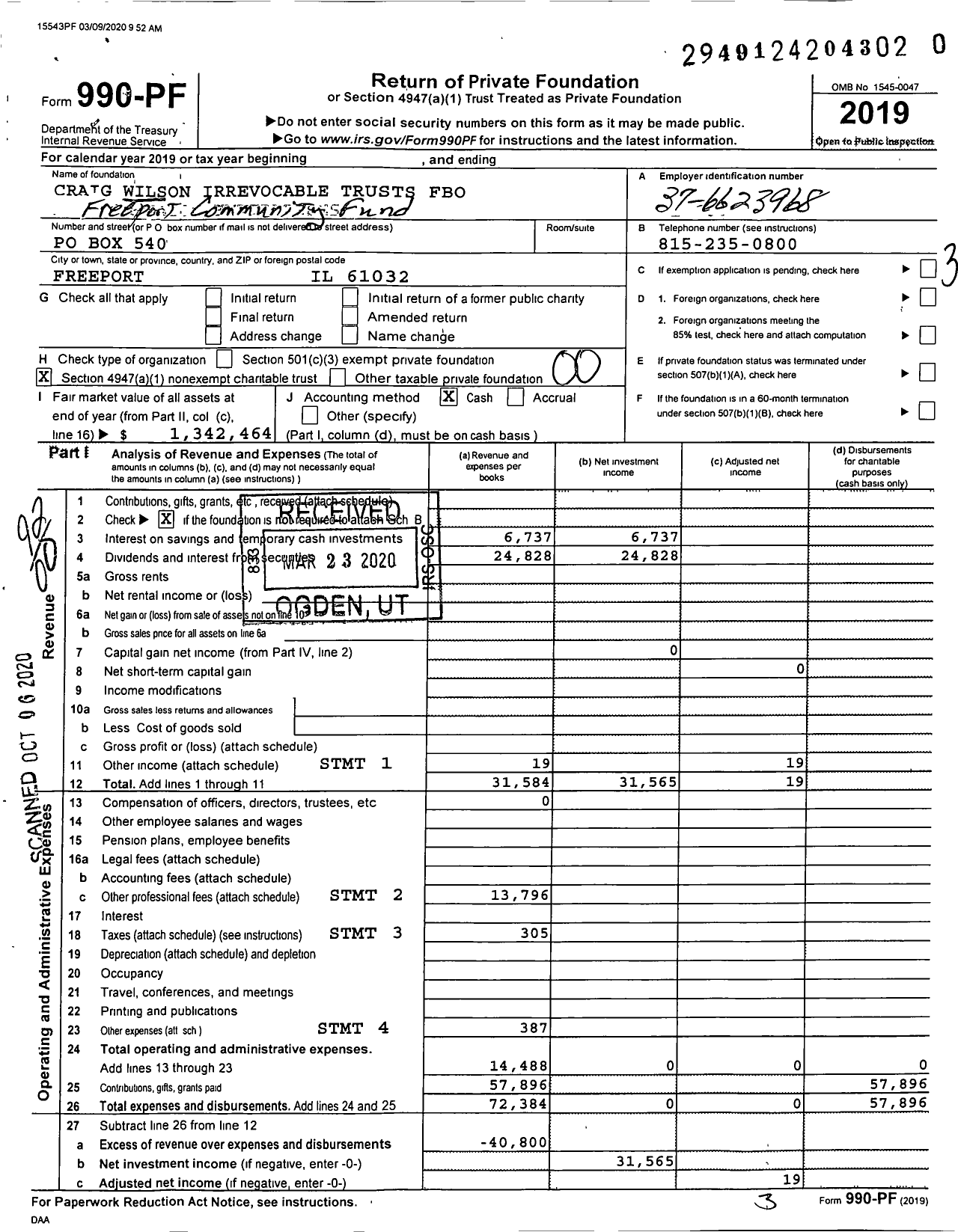 Image of first page of 2019 Form 990PR for Craig A Wilson Irrevocable Trust Fbo Freeport Community Foundation