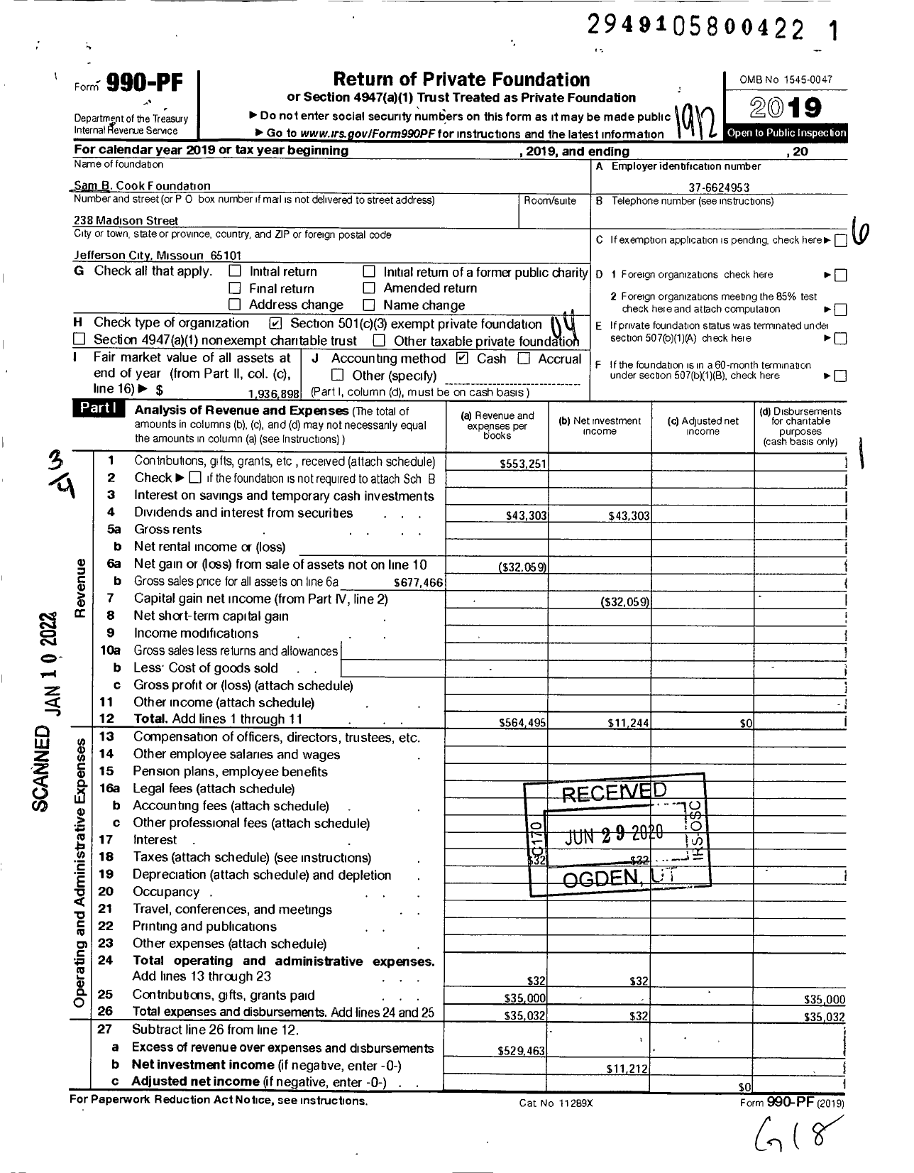 Image of first page of 2019 Form 990PF for Sam B Cook Foundation