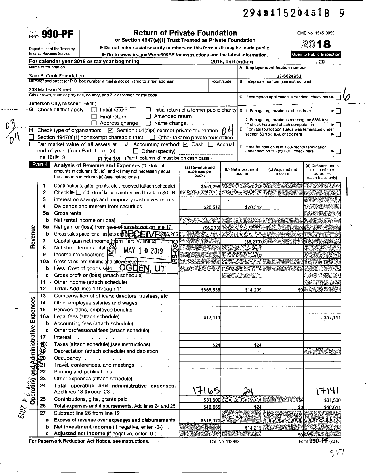 Image of first page of 2018 Form 990PF for Sam B Cook Foundation