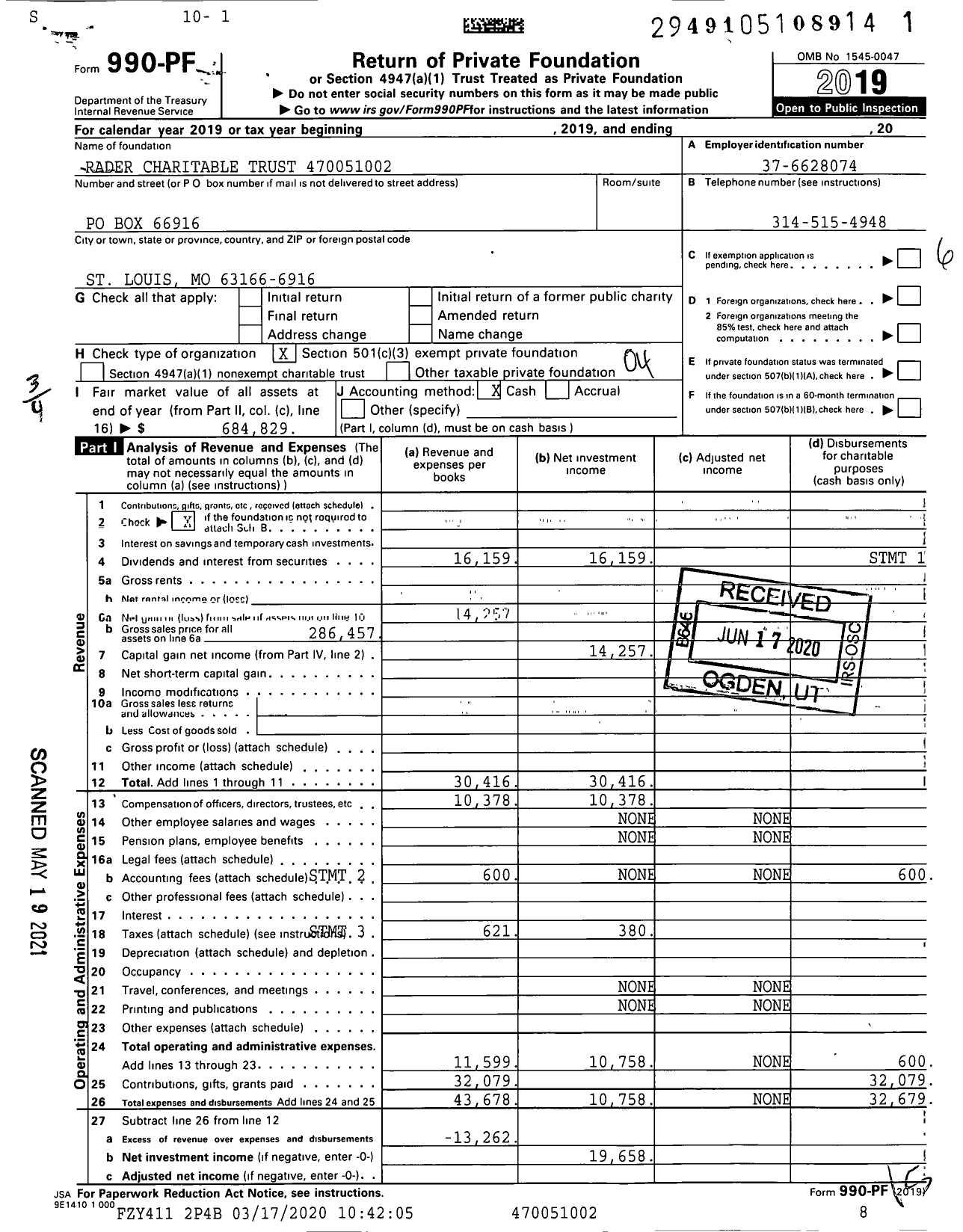 Image of first page of 2019 Form 990PF for Rader Charitable Trust XXX-XX-XXXX