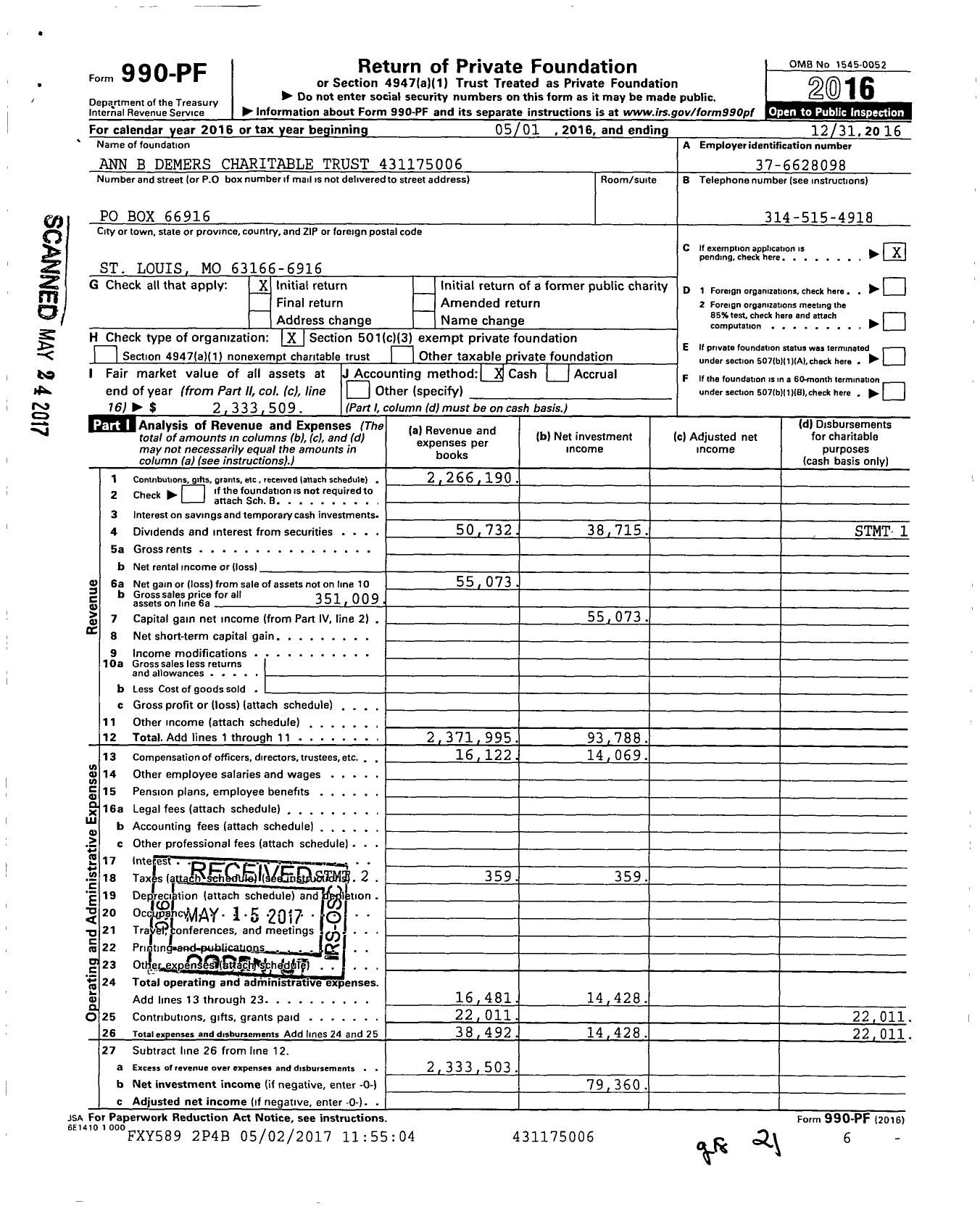 Image of first page of 2016 Form 990PF for Ann B Demers Charitable Trust XXX-XX-XXXX