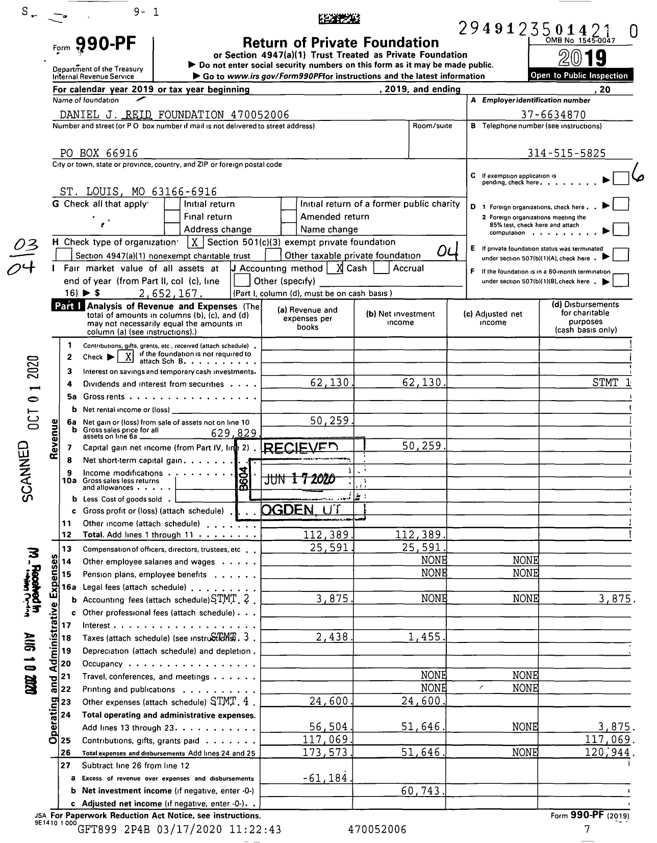 Image of first page of 2019 Form 990PR for Daniel J Reid Foundation XXX-XX-XXXX