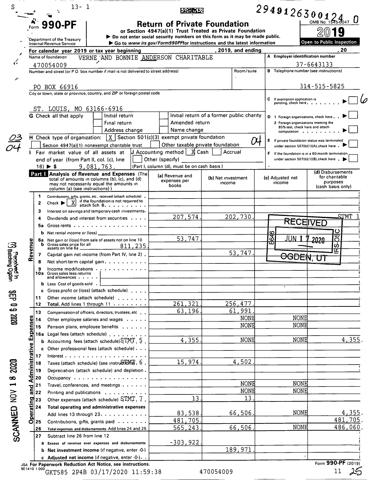 Image of first page of 2019 Form 990PF for Verne and Bonnie Anderson Charitable