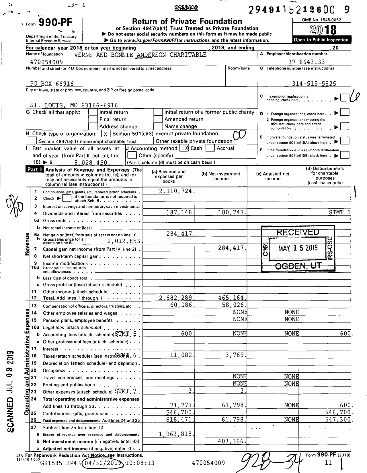 Image of first page of 2018 Form 990PF for Verne and Bonnie Anderson Charitable