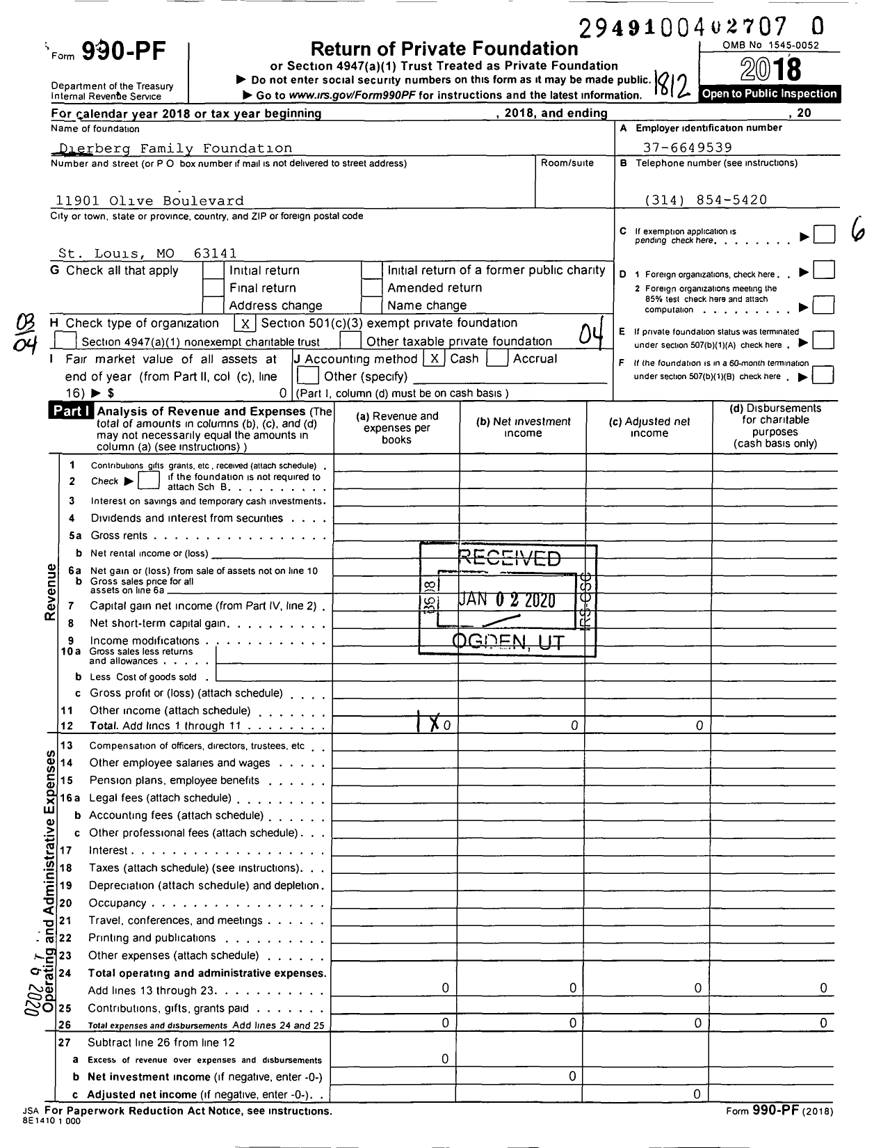 Image of first page of 2018 Form 990PR for Dierberg Family Foundation