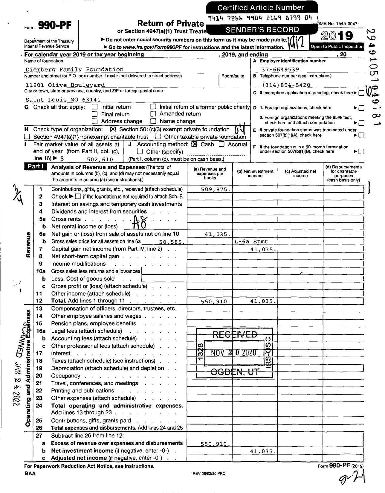 Image of first page of 2019 Form 990PF for Dierberg Family Foundation