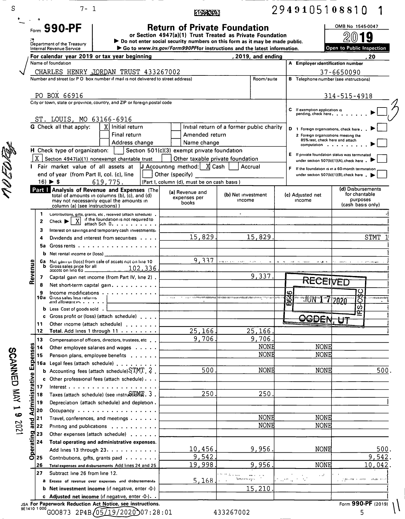 Image of first page of 2019 Form 990PF for Charles Henry Jordan TR XXX-XX-XXXX