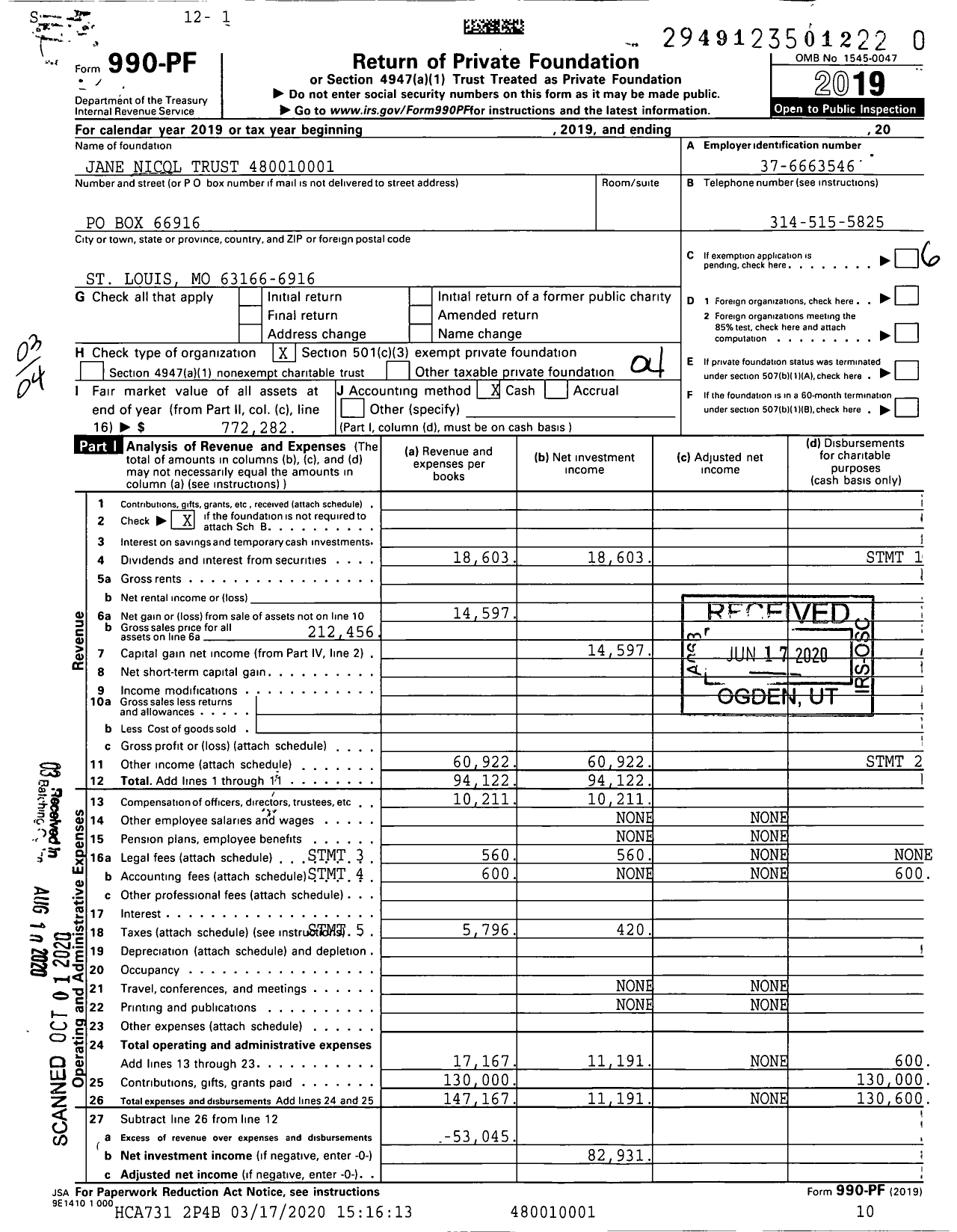 Image of first page of 2019 Form 990PR for Jane Nicol Trust XXX-XX-XXXX