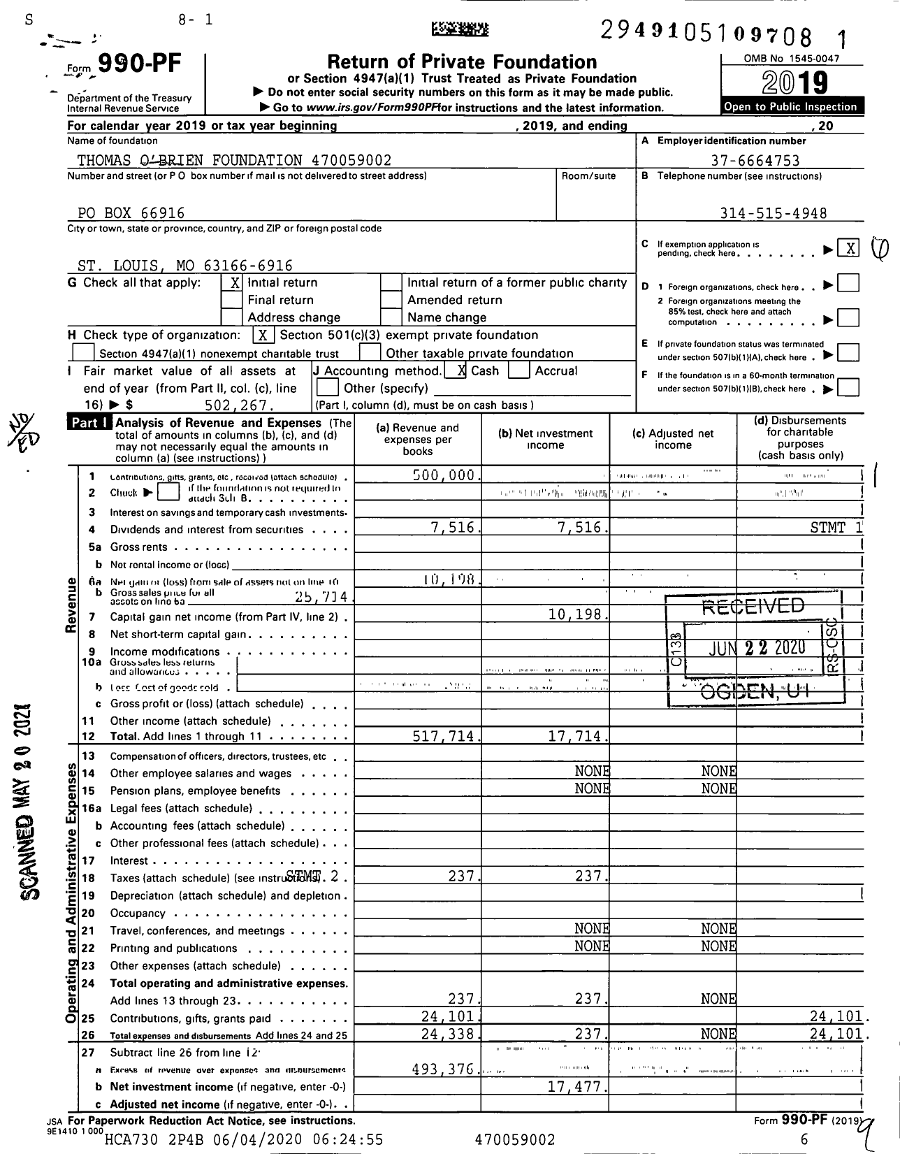 Image of first page of 2019 Form 990PF for Thomas O'Brien Foundation XXX-XX-XXXX