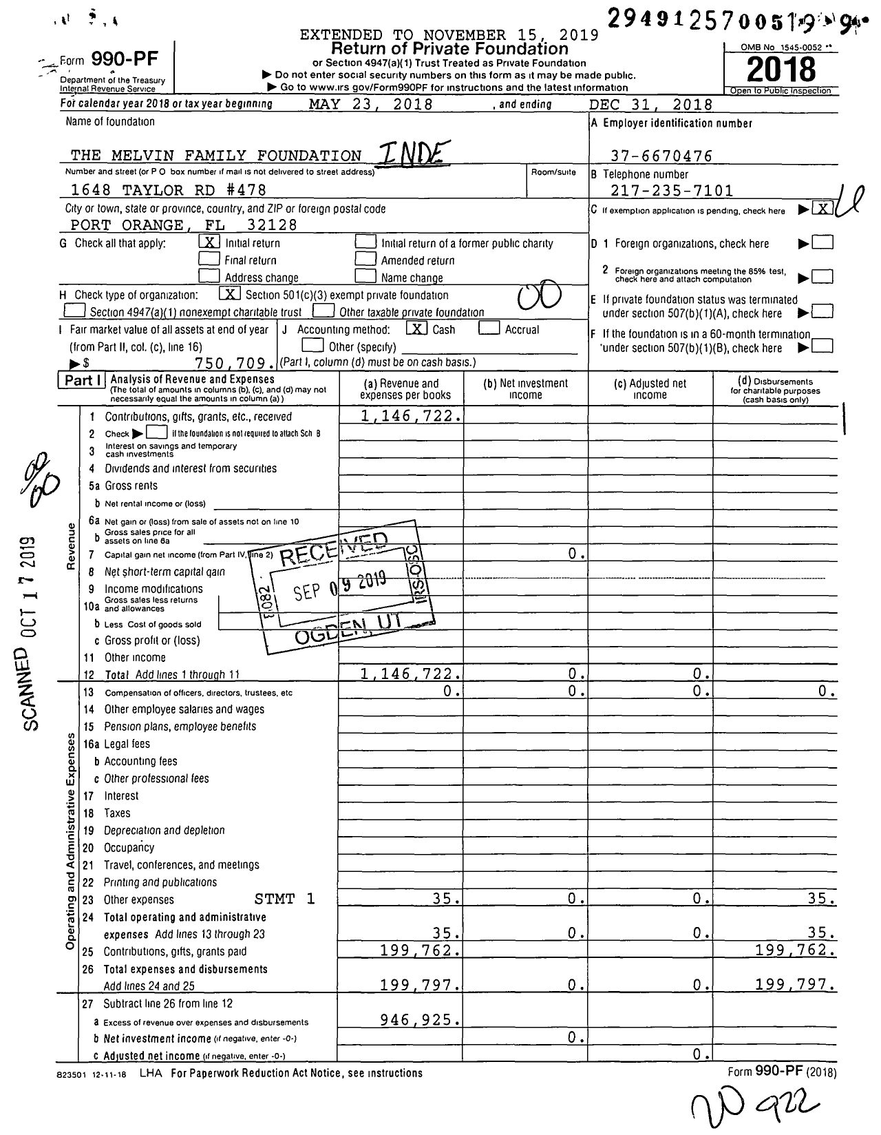 Image of first page of 2018 Form 990PF for The Melvin Family Foundation