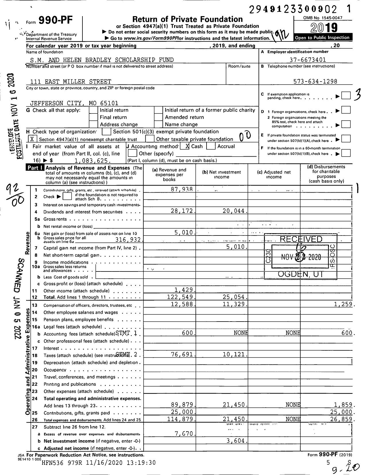 Image of first page of 2019 Form 990PF for SM and Helen Bradley Scholarship Fund