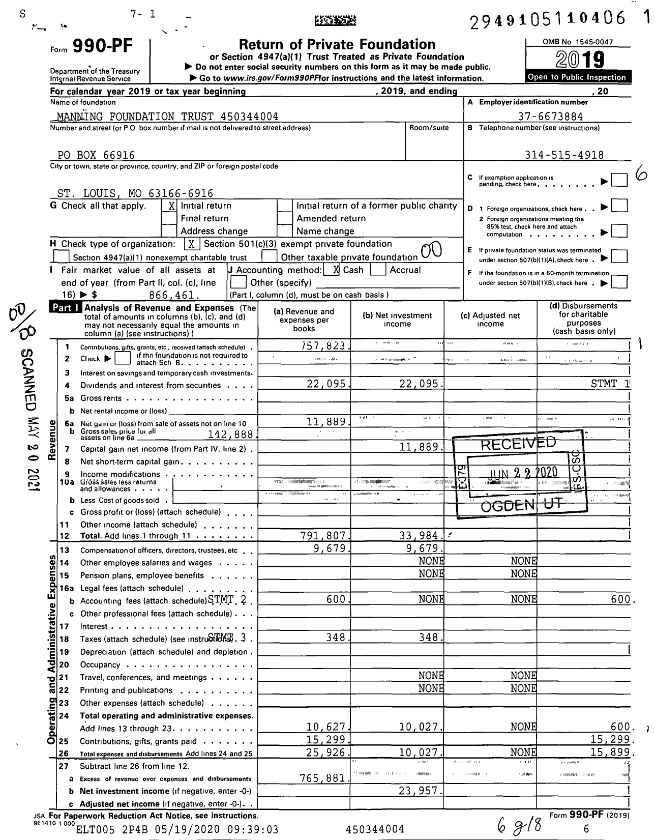 Image of first page of 2019 Form 990PF for Manning Foundation TR XXX-XX-XXXX