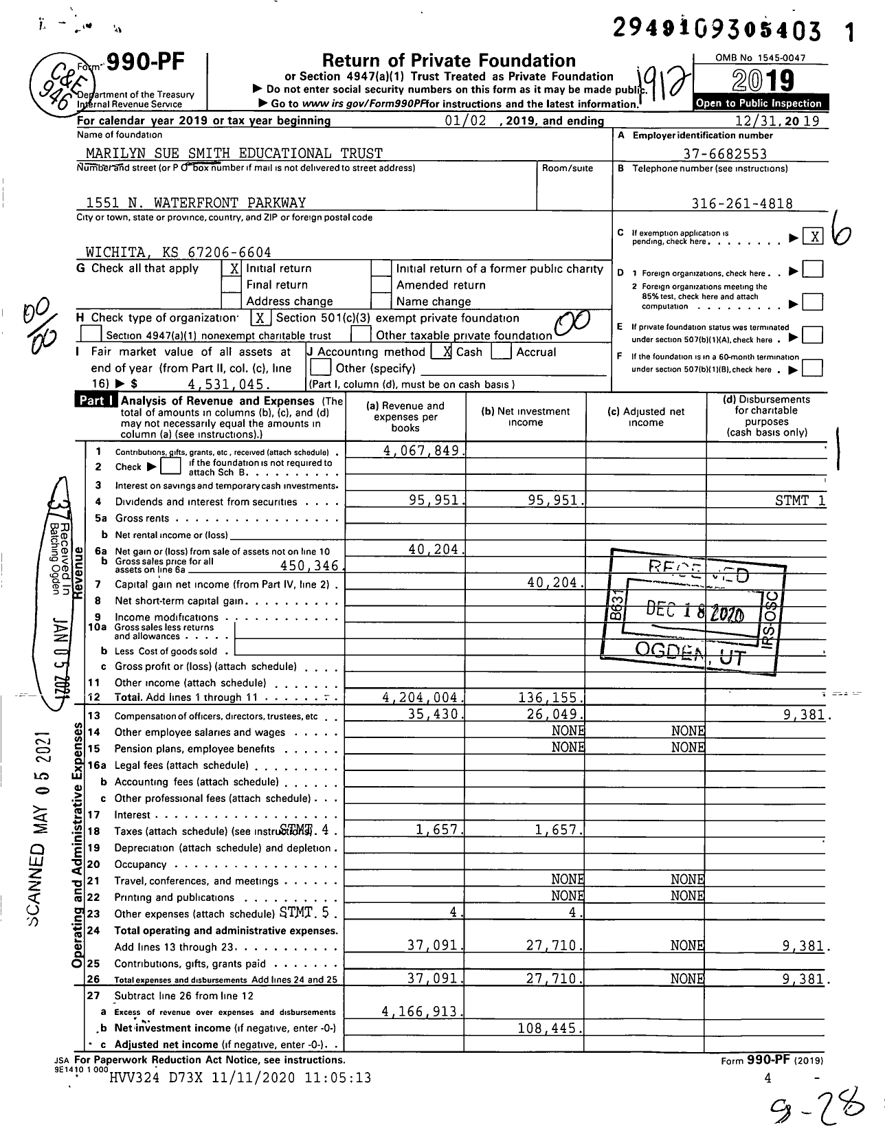 Image of first page of 2019 Form 990PF for Marilyn Sue Smith Education Trust