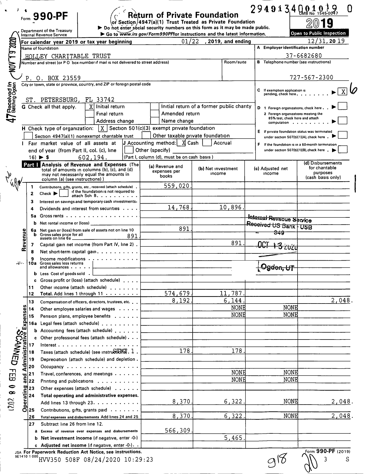 Image of first page of 2019 Form 990PF for Holley Charitable Trust