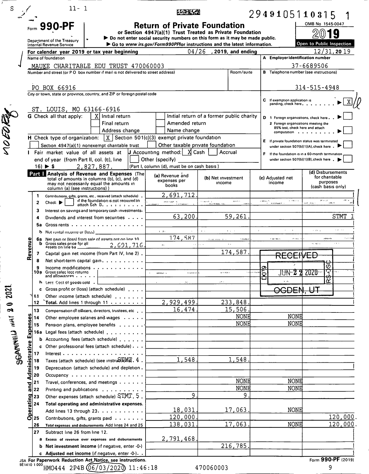 Image of first page of 2019 Form 990PF for Mauke Charitable Edu Trust XXX-XX-XXXX