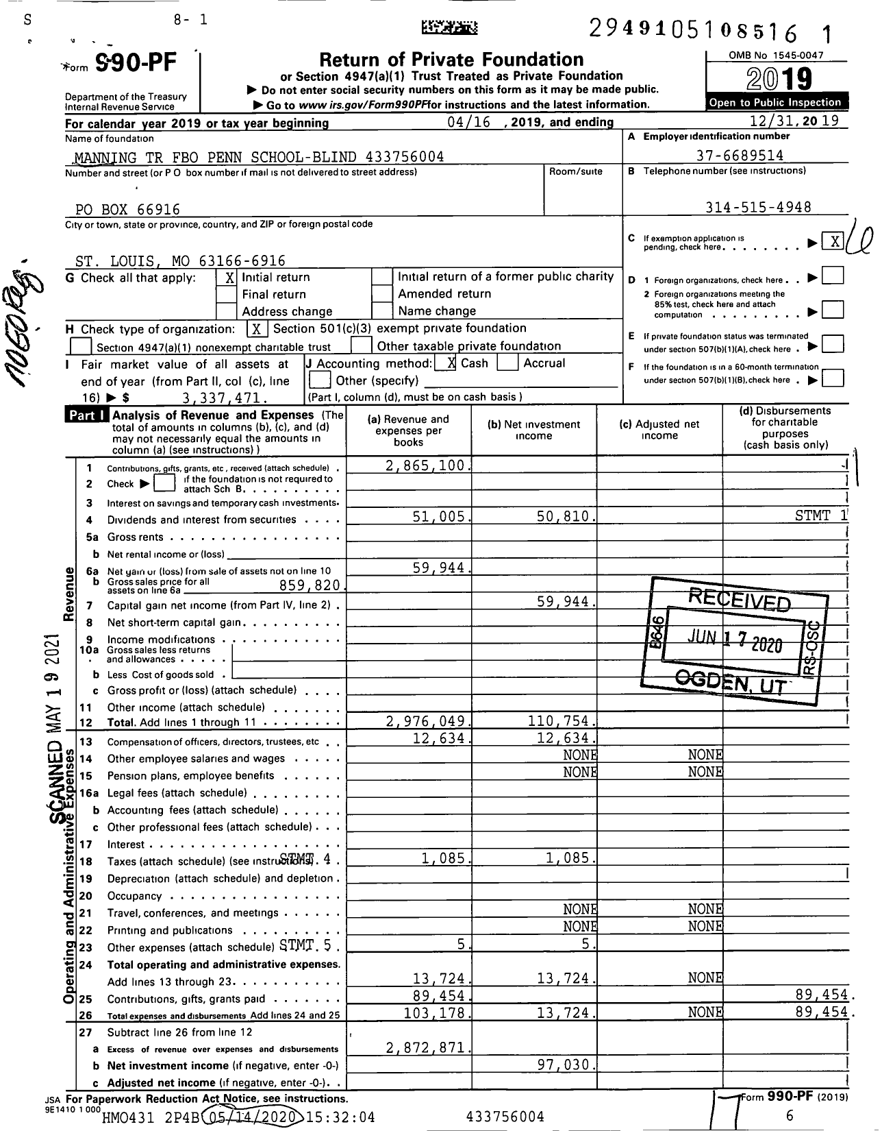 Image of first page of 2019 Form 990PF for Manning TR Fbo Pennsylvania XXX-XX-XXXX