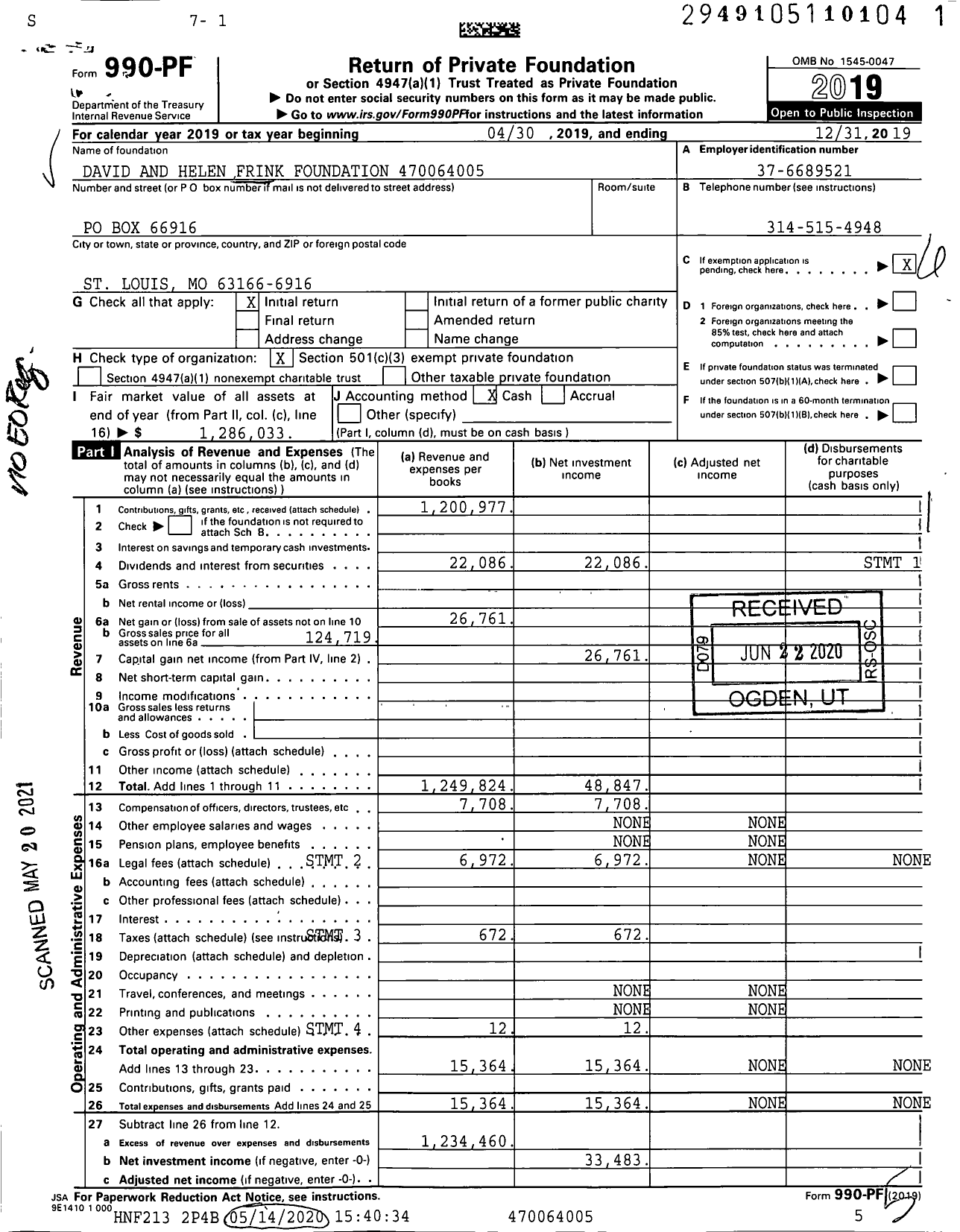 Image of first page of 2019 Form 990PF for David and Helen Frink Foundation XXX-XX-XXXX