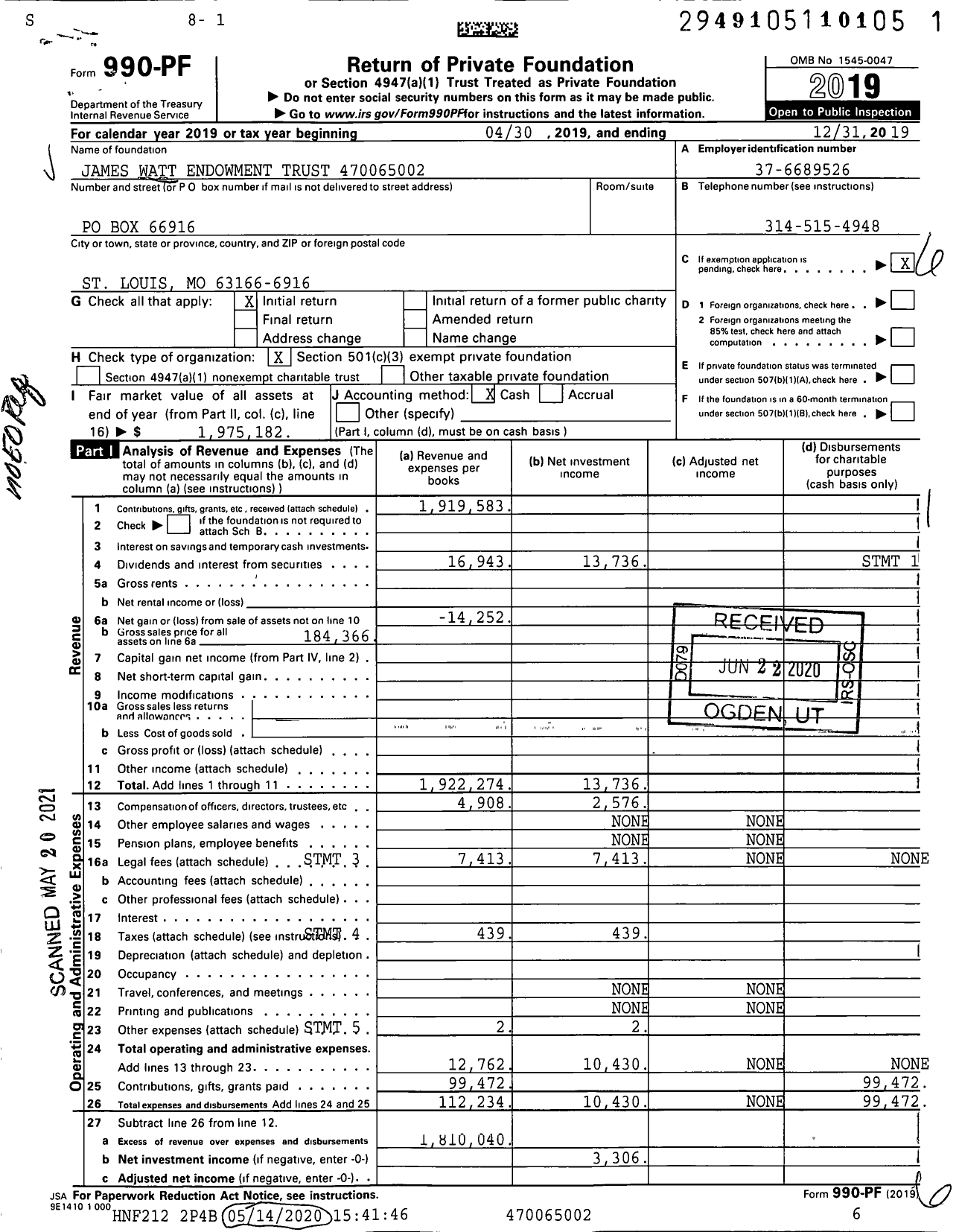 Image of first page of 2019 Form 990PF for James Watt Endowment Trust XXX-XX-XXXX