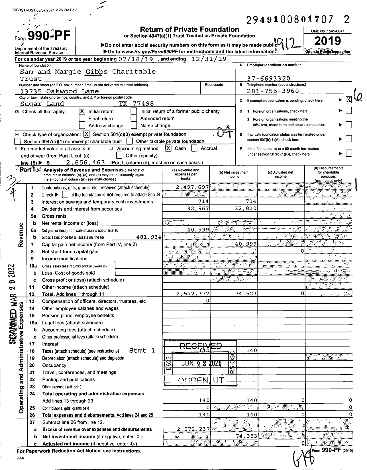 Image of first page of 2019 Form 990PF for Sam and Margie Gibbs Charitable Trust