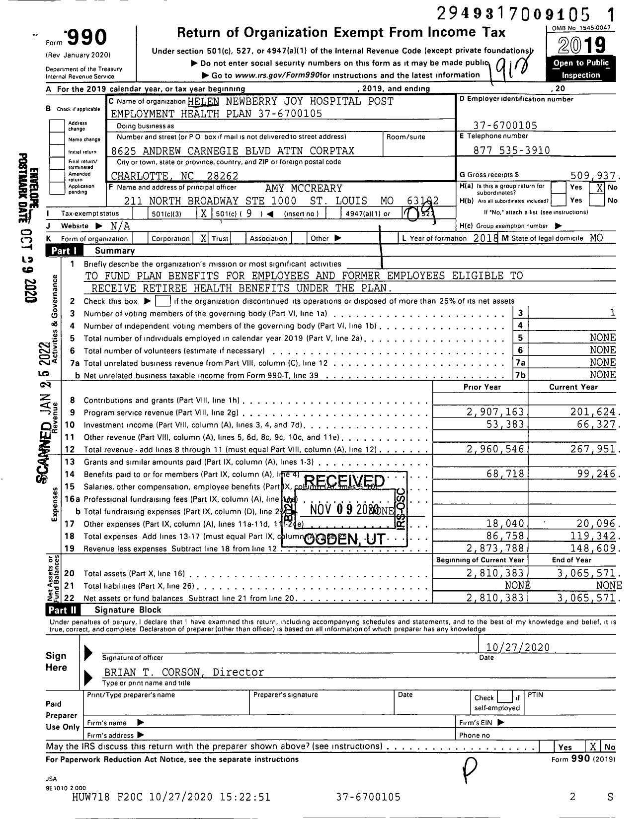 Image of first page of 2019 Form 990O for Helen Newberry Joy Hospital Post