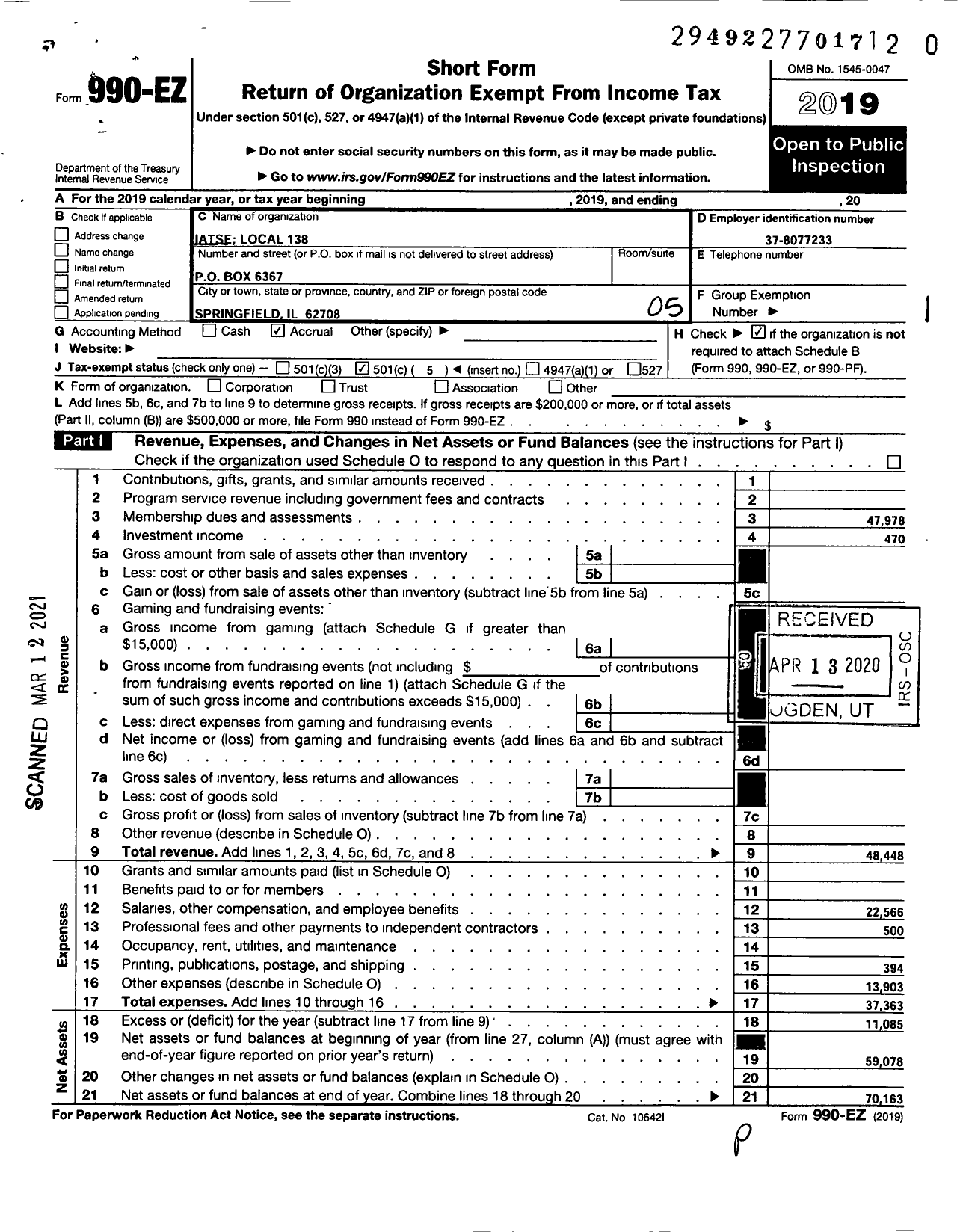 Image of first page of 2019 Form 990EO for International Alliance of Theatrical Stage Employees - 138 Iatse