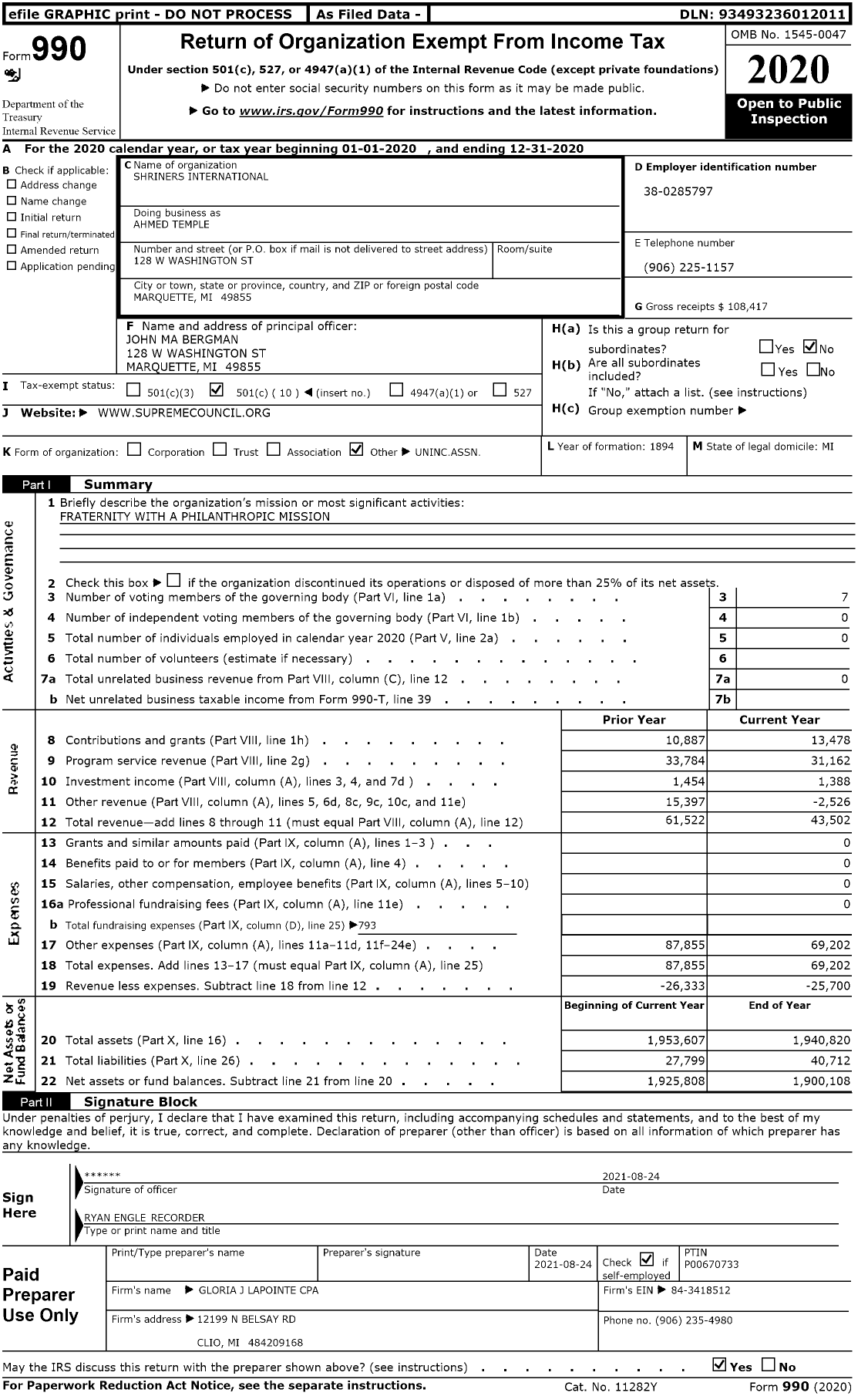 Image of first page of 2020 Form 990O for Shriners International - Ahmed Temple