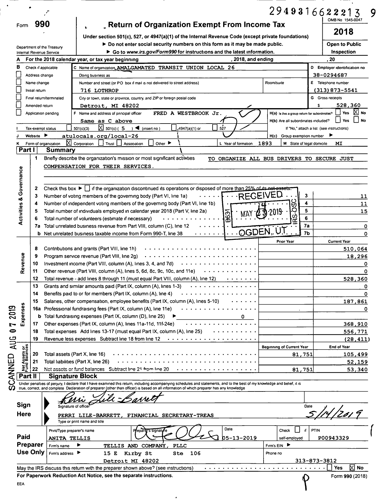 Image of first page of 2018 Form 990O for Amalgamated Transit Union Local 26
