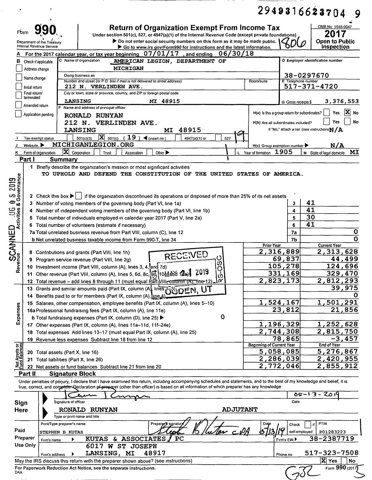 Image of first page of 2017 Form 990O for American Legion Department of Michigan