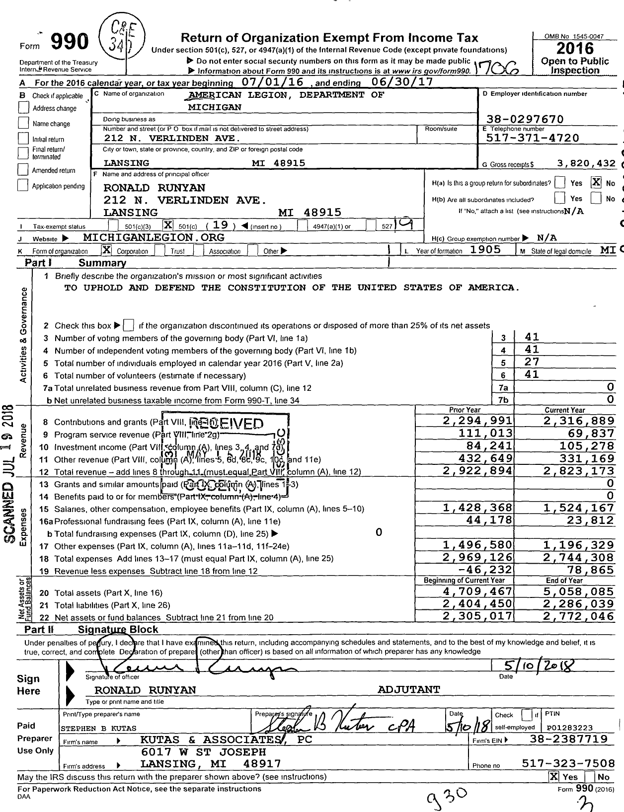 Image of first page of 2016 Form 990O for American Legion Department of Michigan