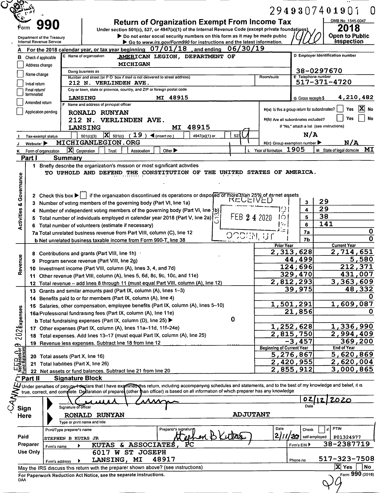 Image of first page of 2018 Form 990O for American Legion Department of Michigan