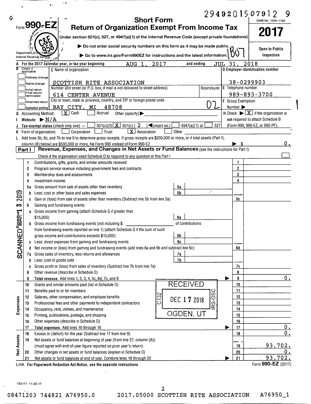Image of first page of 2017 Form 990EO for Scottish Rite, NMJ - Valley of Bay City