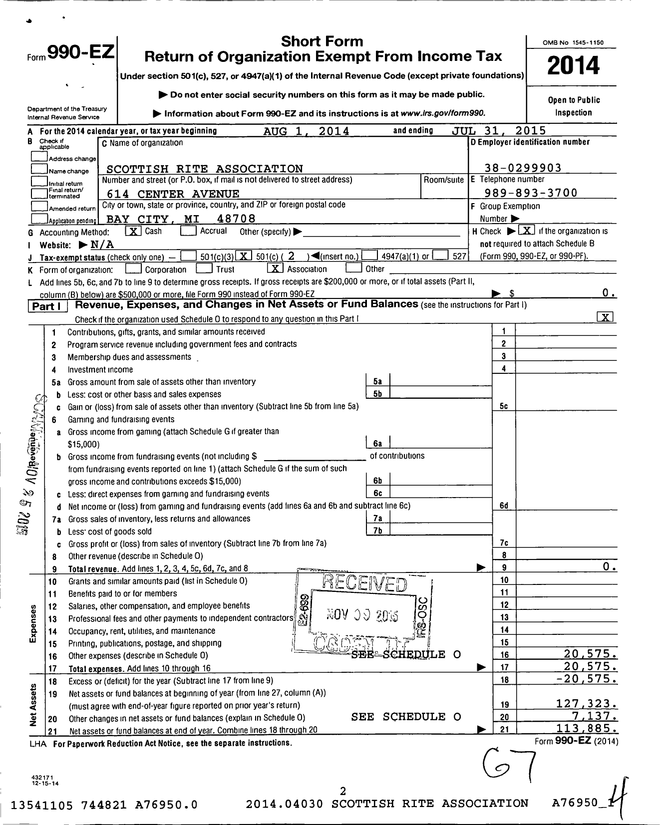 Image of first page of 2014 Form 990EO for Scottish Rite, NMJ - Valley of Bay City