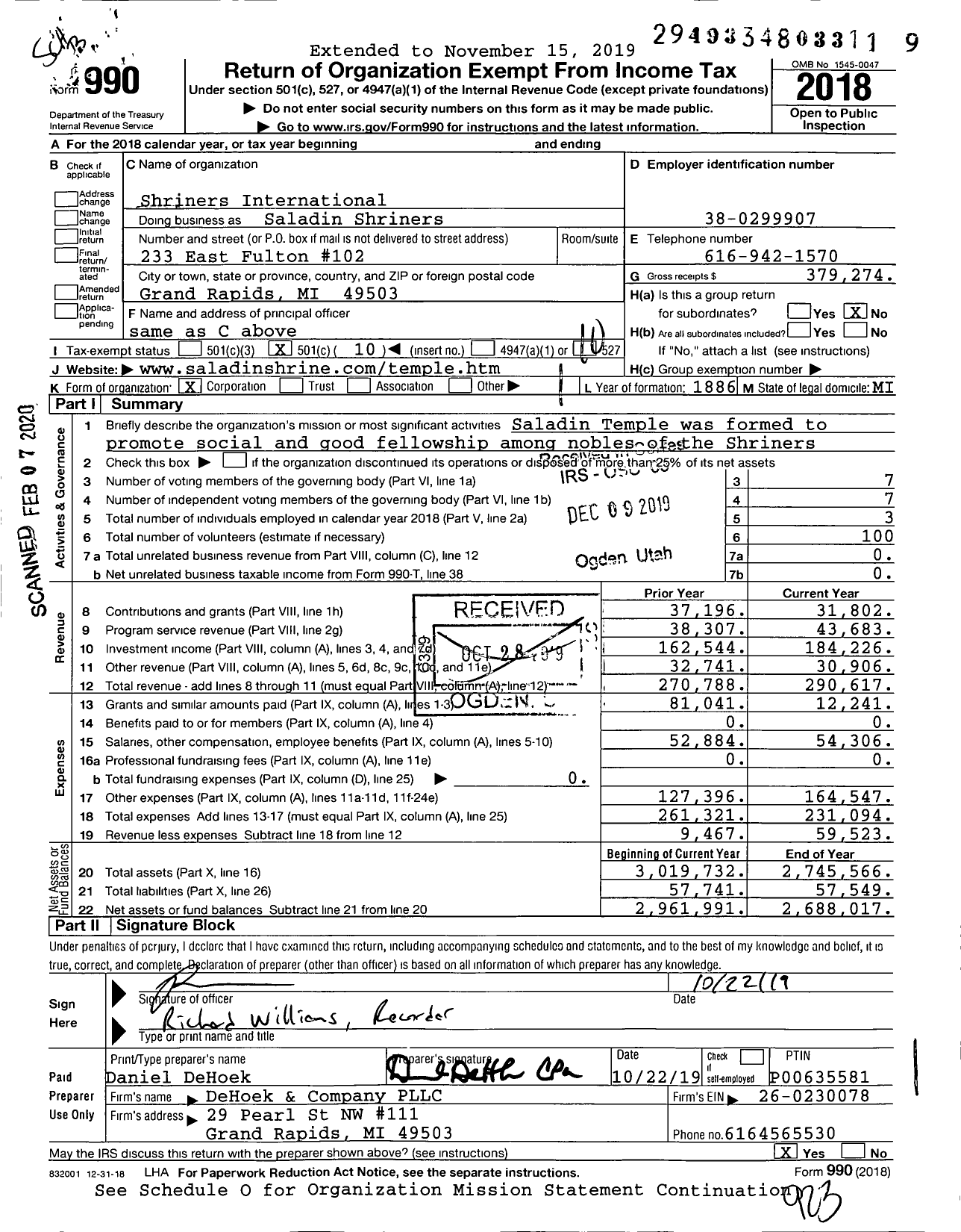 Image of first page of 2018 Form 990O for Shriners International - Saladin Shriners