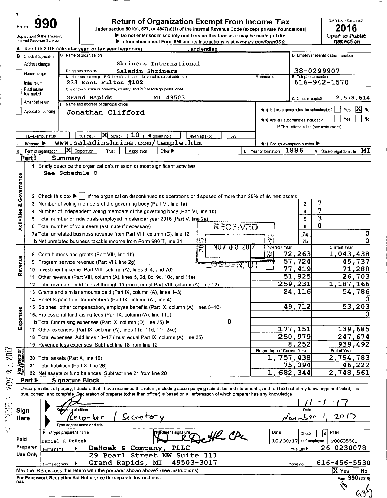 Image of first page of 2016 Form 990O for Shriners International - Saladin Shriners