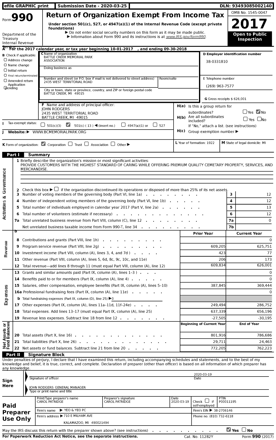 Image of first page of 2017 Form 990 for Battle Creek Memorial Park Association