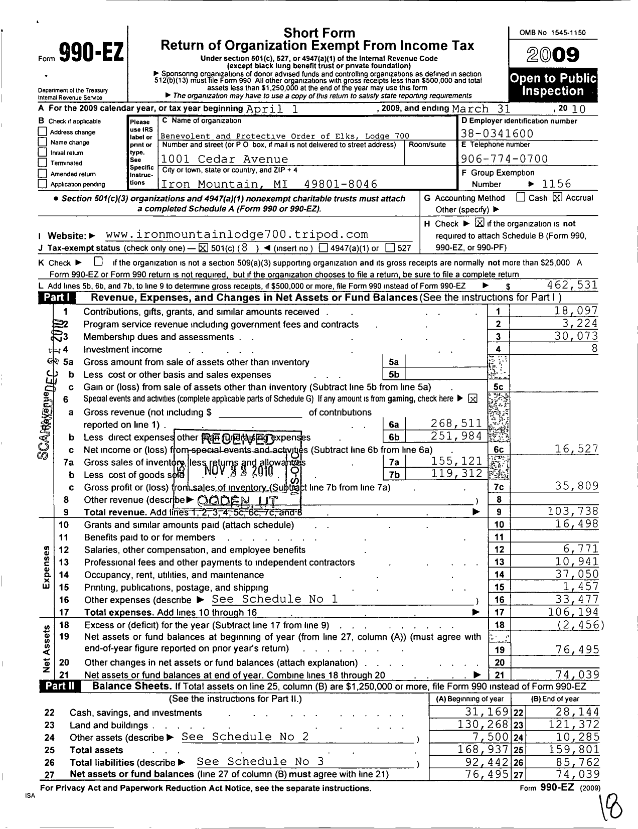 Image of first page of 2009 Form 990EO for Benevolent and Protective Order of Elks - 700 Iron Mountain