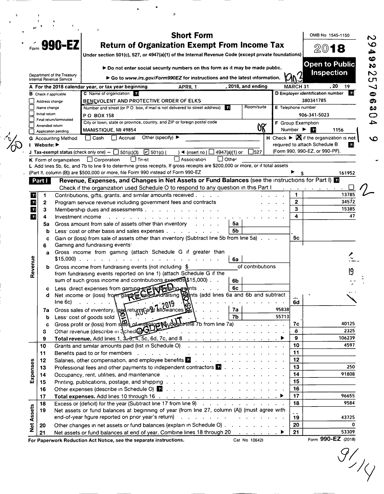 Image of first page of 2018 Form 990EO for Benevolent and Protective Order of Elks - 632 Manistique