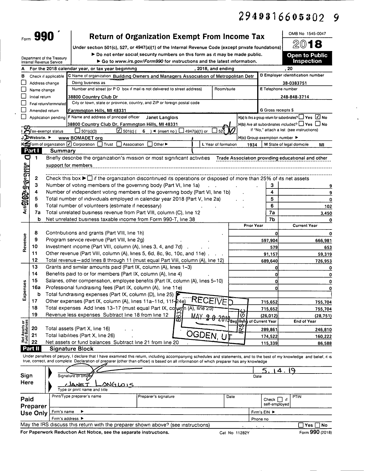 Image of first page of 2018 Form 990O for Building Owners and Managers Association of Metropolitan Detroit