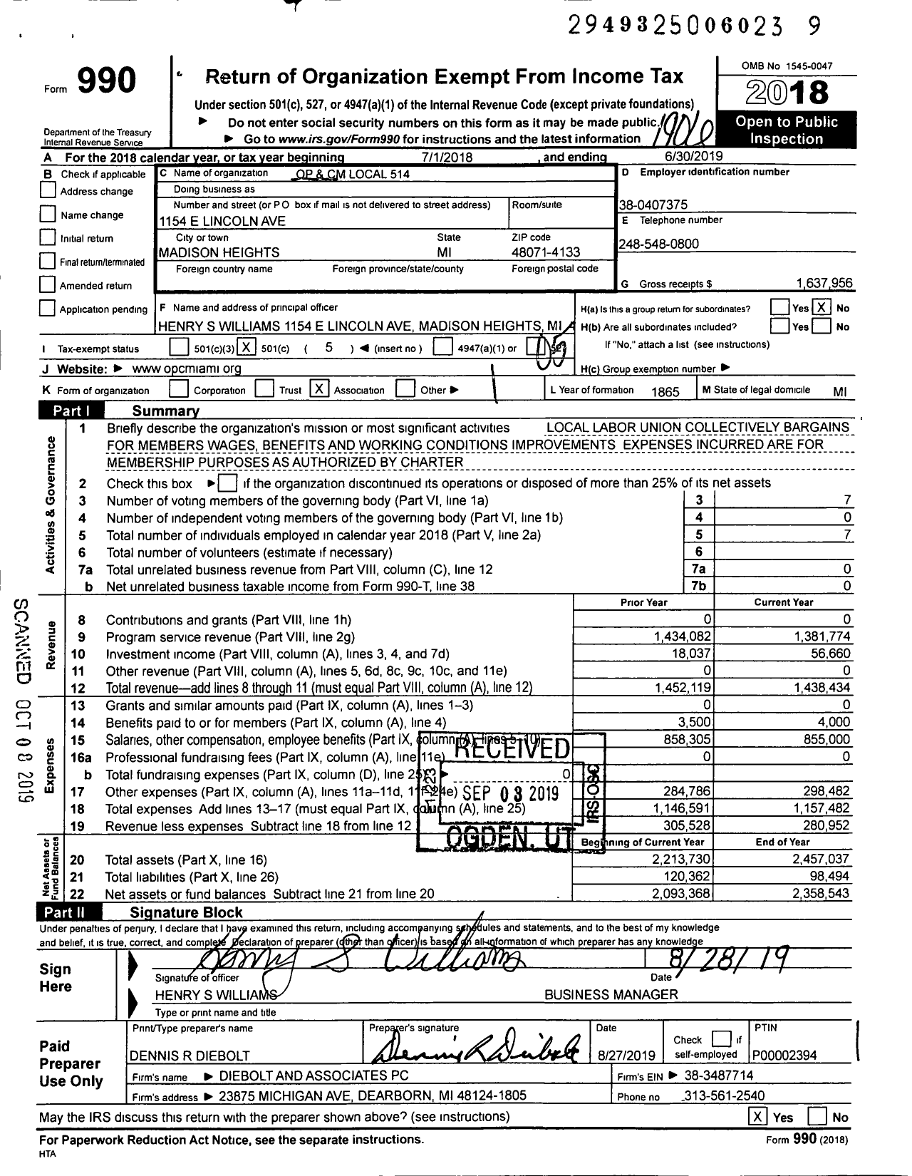 Image of first page of 2018 Form 990O for Operative Plasterers' and Cement Masons' International Association - Opcmia Local 514