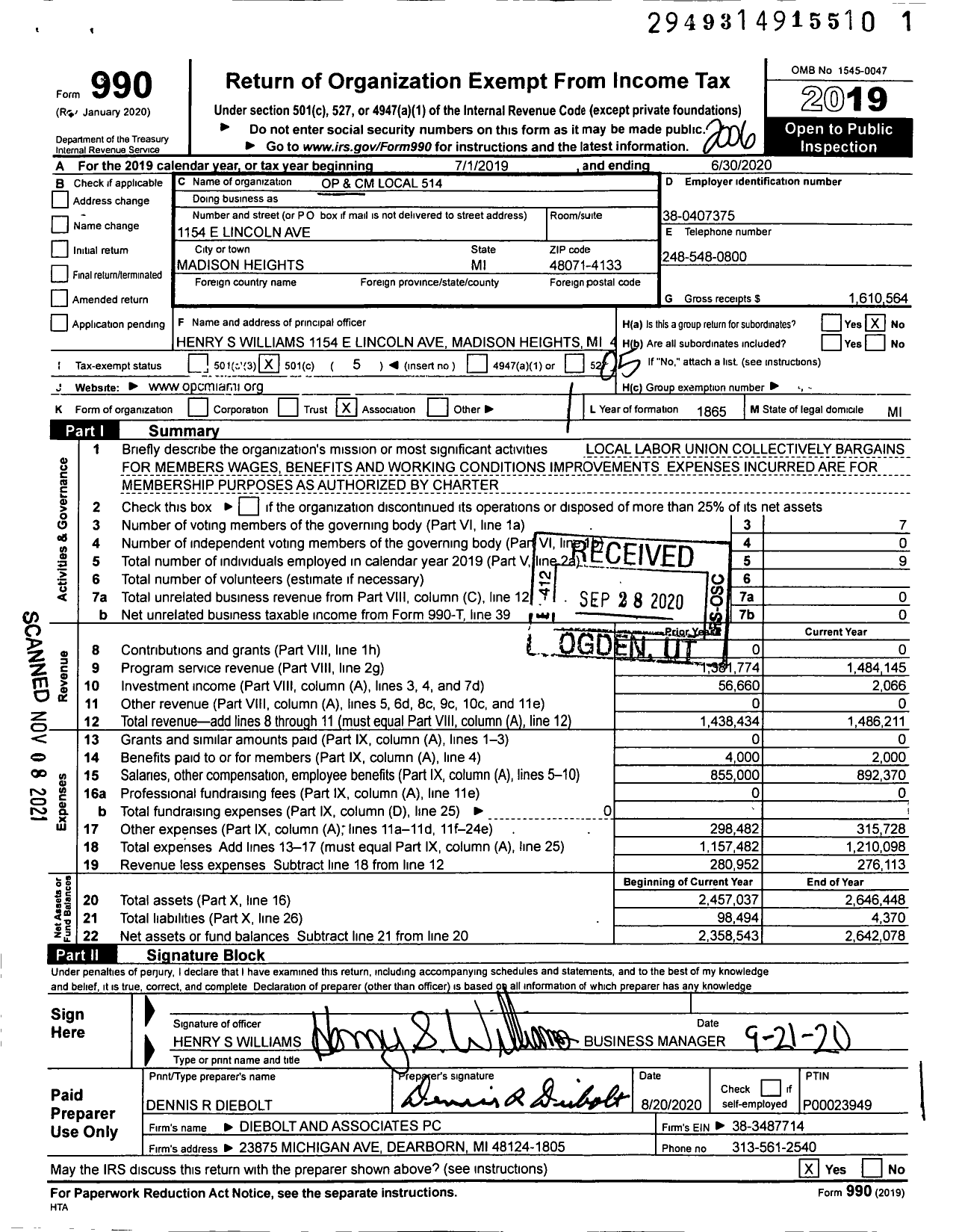 Image of first page of 2019 Form 990O for Operative Plasterers' and Cement Masons' International Association - Opcmia Local 514