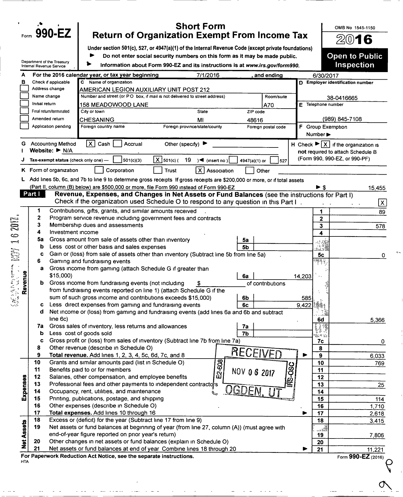 Image of first page of 2016 Form 990EO for American Legion Auxiliary - 212 Chesaning