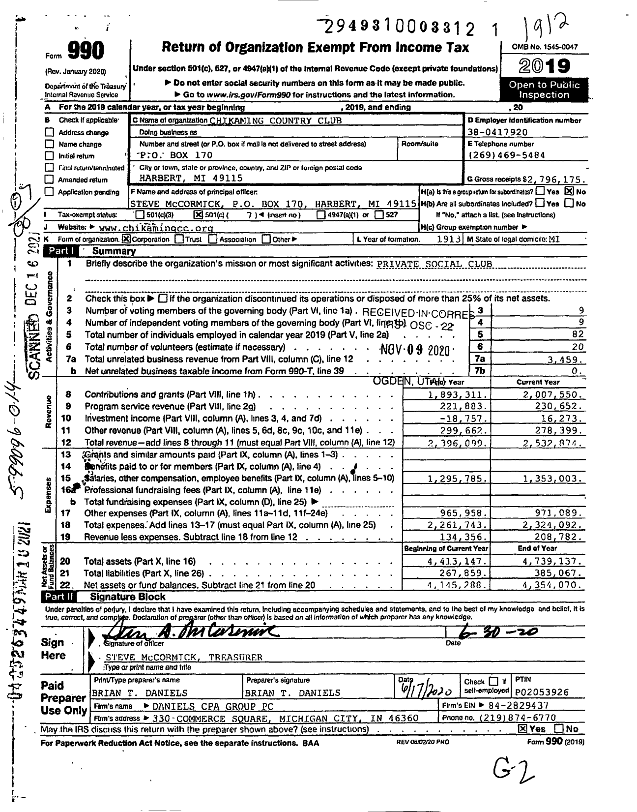 Image of first page of 2019 Form 990O for Chikaming Country Club